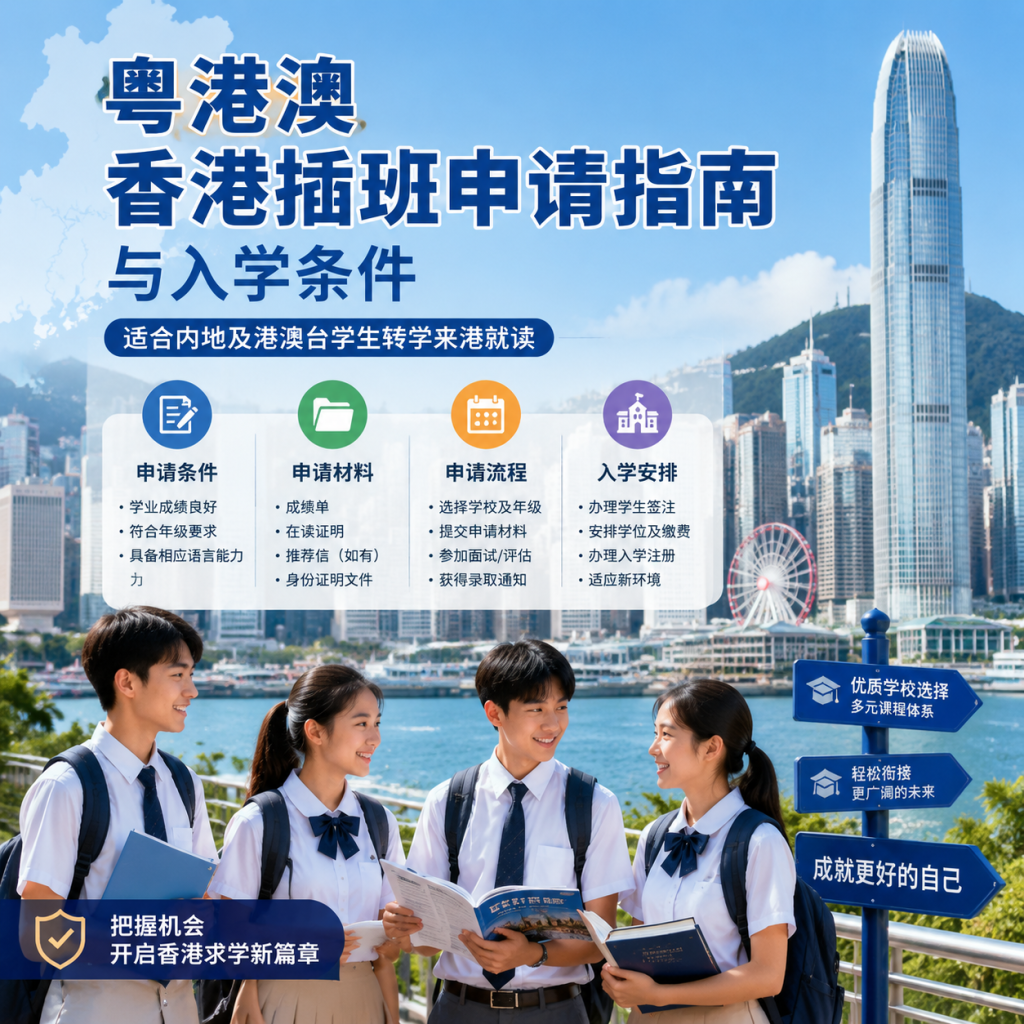 香港插班申请指南与入学条件的信息图,介绍粤港澳学生申请香港转学流程和要求