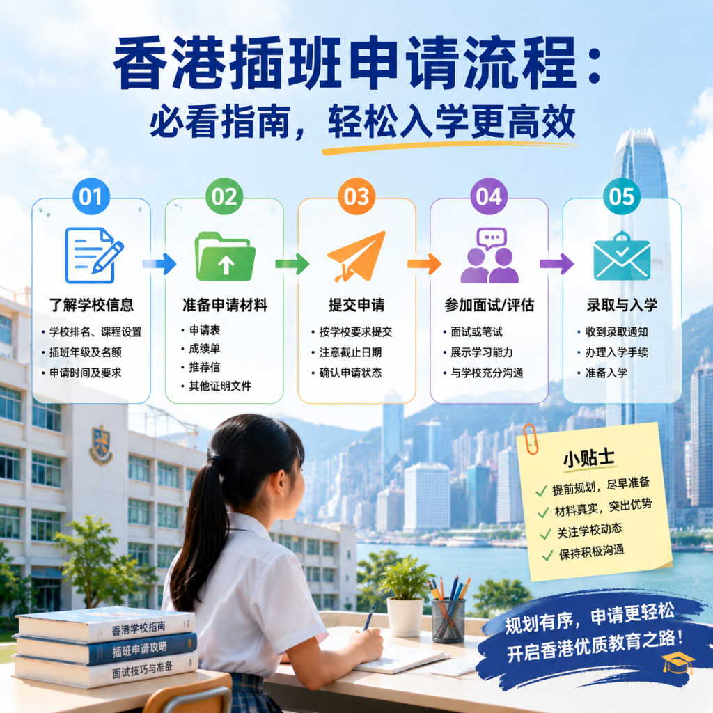 香港插班申请流程示意图,展示香港转学申请步骤与入学办理要点