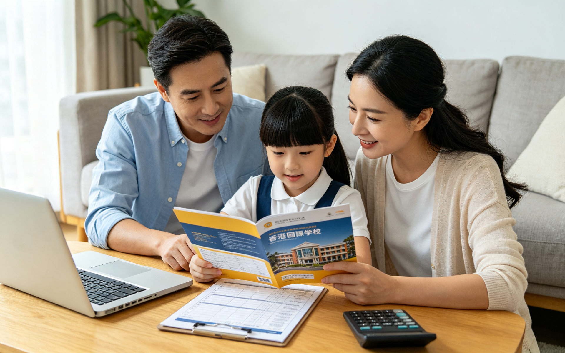 家长和孩子一起看国际学校费用和申请材料